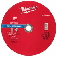 This MILWAUKEE cut-off wheel is a Type 1 wheel measuring 9 inches in diameter, 3/32 inch thick, with a 7/8 inch arbor hole. It features aluminum oxide abrasive in 30 grit, designed for general-purpose cutting of carbon and stainless steel. Typical applications include metal fabrication, maintenance, and repair tasks