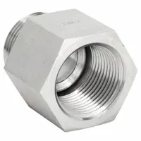 Steel hydraulic hose adapter with female NPTF and male ORB connections, 1 in x 1 in fitting size, rigid straight configuration. Used to transition between NPTF threaded ports and ORB ports in hydraulic systems for industrial machinery and mobile equipment