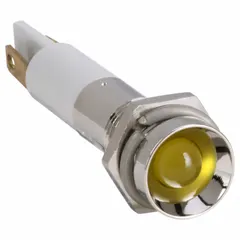 This LED indicator pilot light features a yellow LED and an M08 type design. It connects via a 0.11 male quick disconnect terminal. Suitable for use in control panels and industrial equipment to provide visual status indication.