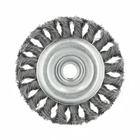 Twisted steel wire wheel brush for heavy cleaning of contoured carbon steel surfaces. Removes rust, scale, and weld splatter from irregular shapes. 4 in diameter, 5/8"-11 arbor, 0.02" fill. Suitable for fabrication and maintenance applications