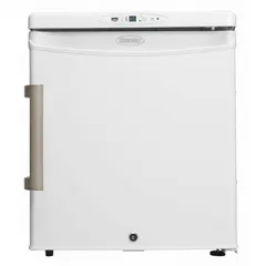 Tabletop lab refrigerator with 1.6 cu ft capacity, maintaining 2°C to 8°C. White swing solid door opens left. Includes temperature alarm. Uses R-600a refrigerant. Suitable for storing temperature-sensitive pharmaceuticals and vaccines in clinical or laboratory settings.