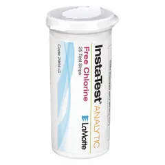 Single-parameter test strips for measuring free chlorine levels from 0 to 10 ppm. Each strip is 3 inches long, and the package contains 25 tests. Suitable for on-site water quality testing in applications such as pool maintenance, drinking water monitoring, and industrial water treatment.