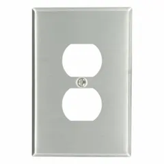General-purpose wall plate for covering and protecting duplex electrical outlets. Constructed from stainless steel for corrosion resistance. Jumbo size accommodates oversized or damaged drywall openings. Suitable for use in residential, commercial, and industrial settings.