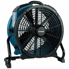 Portable axial blower with a 1/3 hp motor delivering 3600 cfm airflow. Operates on 115V AC with variable speed control. Features a pivoting frame for 360° directional airflow. ABS housing. Suitable for ventilation, drying, and air movement in industrial, construction, and restoration applications.