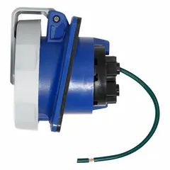 This washdown-rated pin and sleeve receptacle is designed for 480V AC, three-phase, 30 A applications with 3 poles and 4 wires, featuring IEC grounding. Suitable for industrial environments requiring water-resistant power connections, such as food processing and washdown areas.