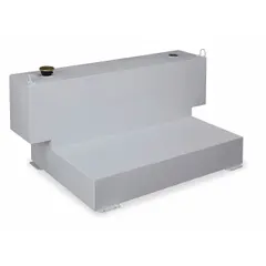 This L-shaped steel transfer tank has a 100-gallon capacity and a clearcoat finish. Constructed from 14-gauge steel, it is intended for use with diesel fuel. Commonly installed in service trucks or workshops where space is limited.