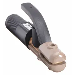 Clamp-style electrode holder for manual arc welding (SMAW). Rated 250 A, heavy duty. Copper alloy jaw grips electrodes up to 3/16 in diameter. Cable connection via ball point screw for 2/0 wire gauge.