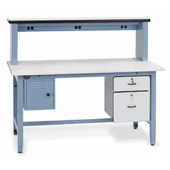 This laminate workstation measures 60 inches by 36 inches and supports an overall load capacity of 5,000 lb. Designed for industrial environments, it integrates power and storage for assembly, maintenance, and testing tasks.