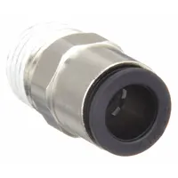 Nylon and nickel-plated brass push-to-connect tube fitting with male NPT thread. Connects 6 mm OD tubing to 1/8 in pipe ports without tools. Suitable for pneumatic and fluid systems in industrial environments. Pack of 10