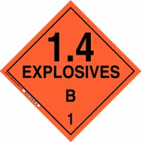 This BRADY placard measures 10 3/4 x 10 3/4 inches and displays the message '1.4 Explosives B 1'. It is used to identify Class 1 explosive materials during transport, helping to comply with hazardous material regulations