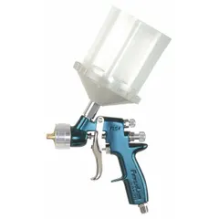 Conventional spray gun with aluminum body, 1/4 in NPT air inlet, and 10.4 cfm @ 40 psi air consumption. Compatible with paints and includes an adapter. Used for applying coatings in industrial finishing and automotive refinishing.