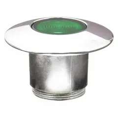 Metal illuminated head for push buttons with screw-on attachment. Green finish. Compatible with illuminated operators. Used in industrial control panels for signaling or operator input.
