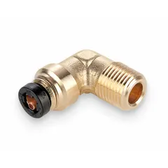 Brass push-to-connect elbow fitting with 3/16 in OD tube connection and 1/4 in male NPT pipe thread. Used in air brake and pneumatic systems for connecting tubing to threaded ports without tools, providing a corrosion-resistant, leak-free seal.