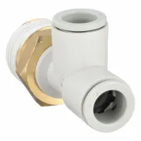 Polybutylene and brass push-fit tee fitting for branching pneumatic tubing lines. Connects a 1/2 in pipe thread to two 10 mm OD tubes. Overall length 54 3/32 mm. White finish