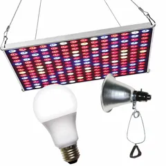 This panel and clamp-on fixture kit includes an LED grow light bulb with full/broad spectrum output. It operates on 120V AC and is suited for seed starting applications where consistent, low-heat illumination is needed. Maximum mounting height is 2 ft.