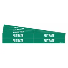 Green adhesive pipe marker with white 'Filtrate' legend, designed for pipes with outer diameters from 3/4 to 2-3/8 inches. Each pack contains 4 markers without directional arrows, sold in a 5-pack quantity. Used to identify pipes carrying filtrate in industrial fluid systems, aiding in safety and operational clarity.