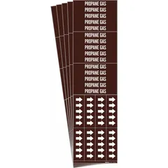 Brown adhesive pipe marker with white legend reading 'Propane Gas' and directional arrows. Designed for pipes with outer diameter of 3/4 inch or smaller. Each pack contains 3 markers; sold in a 5-pack configuration. Used to identify propane gas lines in piping systems.