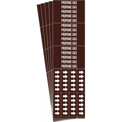BRADY Pipe Marker: Propane Gas, Brown, White, Fits 3/4 in and Smaller Pipe O.D. - Propane Gas Adhesive Pipe Markers