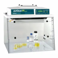 This standard clean bench is fully assembled and includes a base/stand and work surface. It features a HEPA/prefilter to provide a particle-free work environment. Typical applications include laboratory procedures requiring a clean air workspace, such as sample handling or assembly of sensitive components.