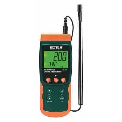EXTECH Anemometer: 1 fpm Air Velocity Resolution, CFM, Hot Wire, Air Flow/Air Velocity/Temp - Hot Wire Air Velocity Meters