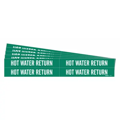 BRADY Pipe Marker: Hot Water Return, Green, White, Fits 3/4 to 2 3/8 in Pipe O.D. - Hot Water Return Adhesive Pipe Markers
