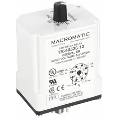 Socket-mounted time delay relay rated for 24V AC/DC coil voltage and 10 A switching capacity. Features 8 pins/terminals for single-function timing applications. Commonly used in industrial control panels for delaying or sequencing electrical operations in HVAC systems, conveyor controls, and automation equipment.
