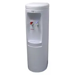 Freestanding plumbed water dispenser with white polyethylene housing. Provides cold still water via direct connection to building water supply. Operates on 115V AC electric corded power. Suitable for offices, break rooms, and commercial spaces requiring continuous water service.