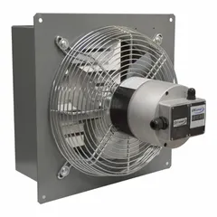 Shutter-mount exhaust fan with a 24-inch steel blade and steel frame. Features a variable-speed, 1/2 hp totally enclosed air over motor rated at 115/208-280V AC, single phase, delivering 5,050 cfm. Suitable for general industrial ventilation to exhaust heat, fumes, or moisture.