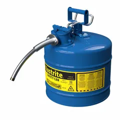 This 5-gallon kerosene safety can is designed for dispensing kerosene in industrial settings. It includes a 5/8 in OD hose and is blue in color. Suitable for storage and handling of flammable liquids where reduced spill risk is required.
