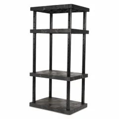 All-plastic shelving unit measuring 36 inches wide by 24 inches deep with an overall height of 72 inches. Includes four adjustable shelves. Suitable for light- to medium-duty storage in environments where moisture, corrosion, or chemical resistance is required.
