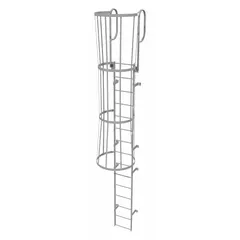 This fixed ladder features a steel construction with 15 rungs and an overall width of 18 inches. The integrated safety cage provides fall protection for vertical access. Typical applications include industrial maintenance, rooftop equipment access, and elevated platform entry.