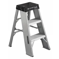 This 3-step folding step stool is constructed from aluminum with a silver finish. It has an overall height of 3.3 ft and a load capacity of 375 lb. Suitable for tasks requiring a stable elevated platform, such as reaching overhead storage or equipment in industrial, warehouse, or retail settings.