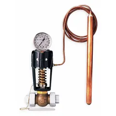 This SPENCE reverse-acting temperature regulator controls steam flow to maintain a set temperature in industrial processes. It features a bronze body and a 1/2 in pipe connection. Commonly used in heat exchangers, storage tanks, and process lines requiring precise temperature regulation.