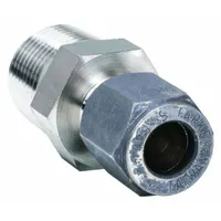 This single-ferrule stainless steel fitting from the CPI™ series connects 3/8 in OD tubing to a 1/4 in male NPT threaded port. It is used in instrumentation, hydraulic, and process systems requiring leak-free sealing