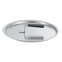 This stainless steel fry pan cover features a 10-inch top diameter and a welded stainless steel handle with a black finish. The silver body is constructed from stainless steel and is NSF certified for sanitation. Suitable for covering frying pans in commercial foodservice settings to contain heat and reduce splatter