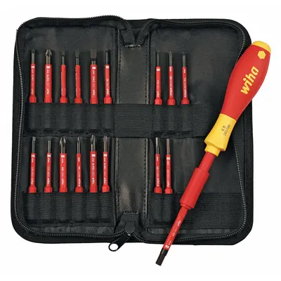 WIHA Multi-Bit Screwdriver: Hex/Phillips/Pozidriv/Slotted/Square/Torx Tip, 19 Tips - Insulated Multi-Bit Screwdrivers