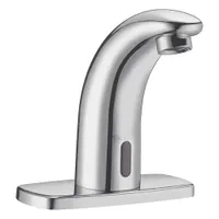Single-post sensor faucet for touch-free hand washing in commercial restrooms. Constructed of brass with a chrome finish. Includes a 4-inch center set trim plate and a plug-in back-check tee. Part of the SLOAN SF series