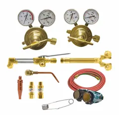 Oxy-acetylene cutting and welding outfit with CGA 300 connection for acetylene. Includes flashback arrestors for operator safety. Suitable for metal fabrication, repair, and maintenance tasks requiring precise cutting and welding.
