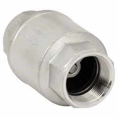This BONOMI inline disc check valve features a 316 stainless steel body and FNPT x FNPT connections for 1 1/2 in pipe. It is designed to prevent backflow in piping systems handling water, oil, gas, or chemicals where corrosion resistance is required.