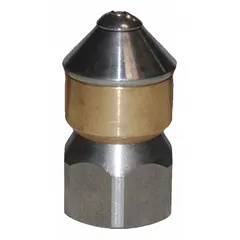 This rotary spray pattern sewer nozzle is designed for high-pressure jetting of drain and sewer lines. It operates at 3,625 psi and 4.5 gpm, with a pressure range of 2500-4999 psi/5000 to 6000 psi. The female inlet and 4.5 nozzle size facilitate connection to standard pressure washer hoses.