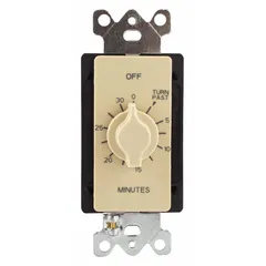 Spring-wound mechanical timer with a maximum 30-minute timing duration. Single-pole double-throw (SPDT) switch rated for 125V AC. Ivory finish. No wall plate included. No hold feature. Suitable for automatic timed control of lights, fans, or other electrical loads in commercial or industrial settings.