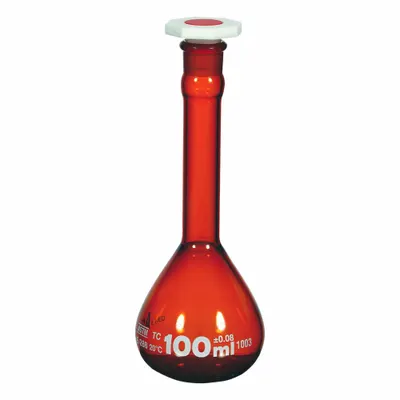 UNITED SCIENTIFIC SUPPLIES Glass Flasks: 50 mL, Amber, Round, A, +/-0.05 mL - Glass Volumetric Flasks