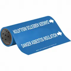 Blue adhesive pipe markers with white legend reading 'Danger Asbestos Insulation'. Each roll contains 30 markers that fit pipe outer diameters from 2-1/2 to 6 inches. Markers include arrows to indicate flow direction. Used to label pipes containing asbestos insulation in industrial facilities.