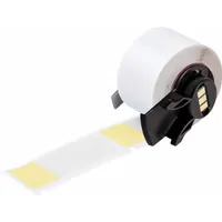 This precut label roll is made of vinyl with a matte yellow finish. Each label measures 2 1/2 in x 1 in and is designed for wire gauges from 6 AWG to 0 AWG. It is used with the M710 printer series and requires M7-R4300 ribbon. Typical applications include permanent identification and marking of wires in electrical installations and control panels