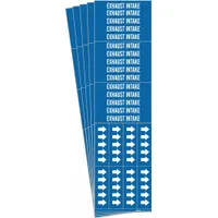 Blue adhesive pipe marker with white legend reading 'Exhaust Intake' and directional arrows. Fits pipes with outside diameter of 3/4 inch and smaller. Each pack contains 3 markers; sold in a 5-pack quantity. Used to label exhaust intake pipes in industrial piping systems for clear identification of contents and flow direction