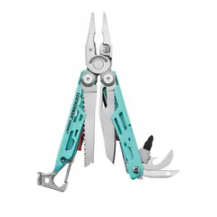 This full-size, fold-open multi-tool features 19 tools with 19 functions, including pliers, replaceable wire cutters, a hammer, and a can opener. Stainless steel construction with an Aqua finish. Closed length of 4 1/2 inches. Suitable for outdoor, survival, and field repair tasks.
