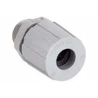 Straight nylon cable grip with 3/8 in MNPT box connection, accepting cord diameters from 0.25 in to 0.31 in. Gray body with black color-coded grommet, rated IP66 and Class II, Division 1 & 2 for hazardous locations. Overall length 1 9/16 in. Suitable for sealing cable entries on enclosures and panels in dusty or wet environments