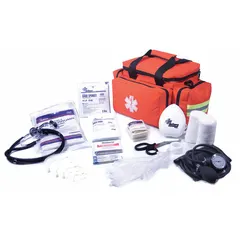 Orange polypropylene and poly-fabric duffel bag trauma kit containing 34 components: 6 bandages, CPR pocket mask, 3.5 in oral airway, trauma shears, and 2 triangular dressings. No topical medicinals included. Suitable for first response and emergency preparedness in industrial, construction, or field settings.