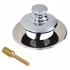This bathtub drain stopper features a push-and-pull mechanism for easy operation. Made of stainless steel with a chrome-plated silver finish, it has an overall diameter of 2 7/8 inches. Suitable for sealing standard bathtub drains in residential and light commercial plumbing applications.