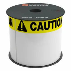 Yellow caution OSHA header supply labels, 6 in x 4 in, supplied as a 4 in x 150 ft roll. Acrylic adhesive. Compatible with LabelTac 4 Pro printer (MPN LT46CAUT). Used for on-demand printing of caution headers for safety signage.